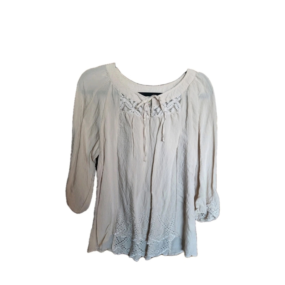 Fig & Flower Ivory Beige Boho Tunic Top Lace Eyelet Detail Size L